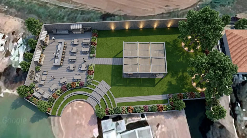 Garden design visualisation for a communal event hall in Even Shmuel with landscaped lawns, event seating, decking, planting and shaded areas