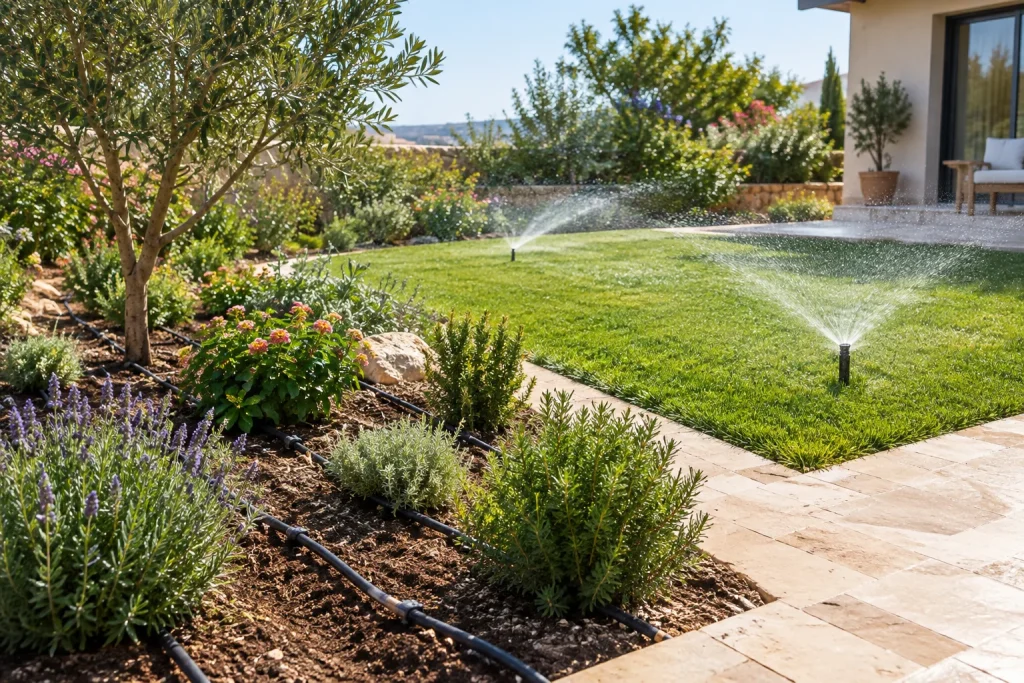 Drip irrigation tubing watering planted garden beds beside a sprinkler-watered lawn in Southern Israel