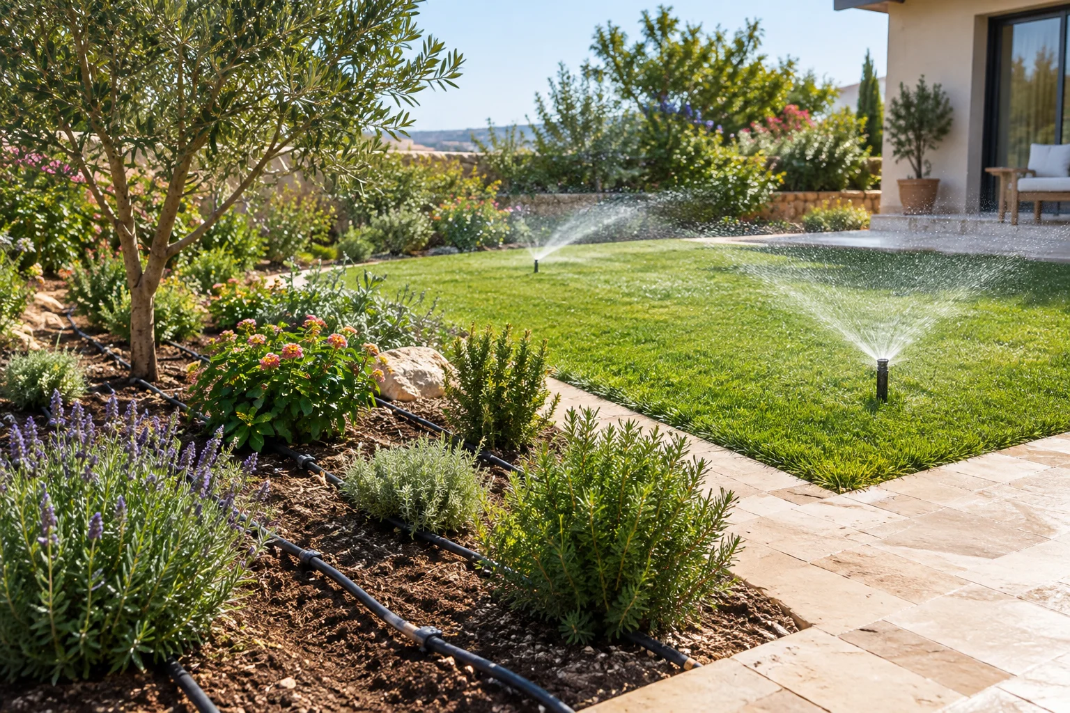 Drip irrigation tubing watering planted garden beds beside a sprinkler-watered lawn in Southern Israel