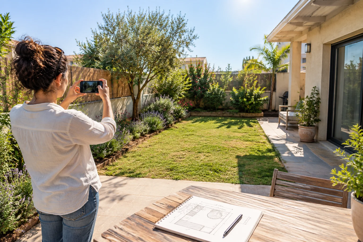 Homeowner photographing a sunny Southern Israel garden with a phone before an AI garden design visualisation