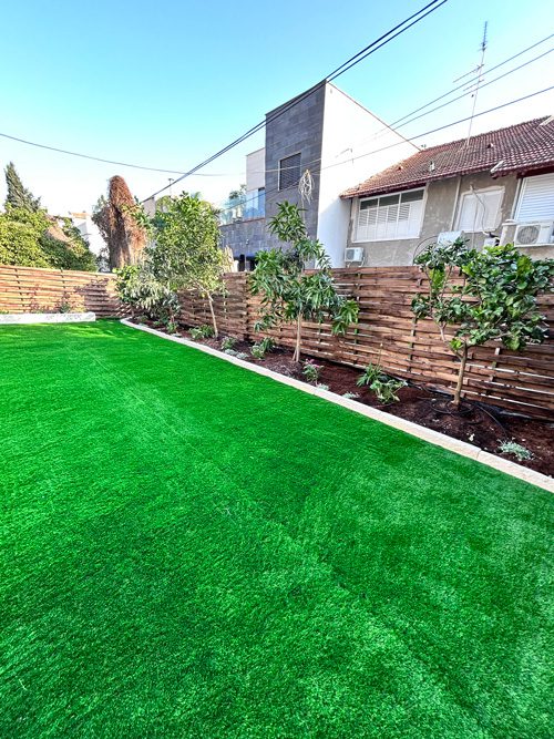 Finished Rechovot garden makeover with synthetic lawn, custom stonework, fruit trees and colourful bushes