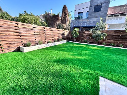 Beautifully landscaped backyard in Rechovot with synthetic grass, fruit trees, Dichondra and stone planters