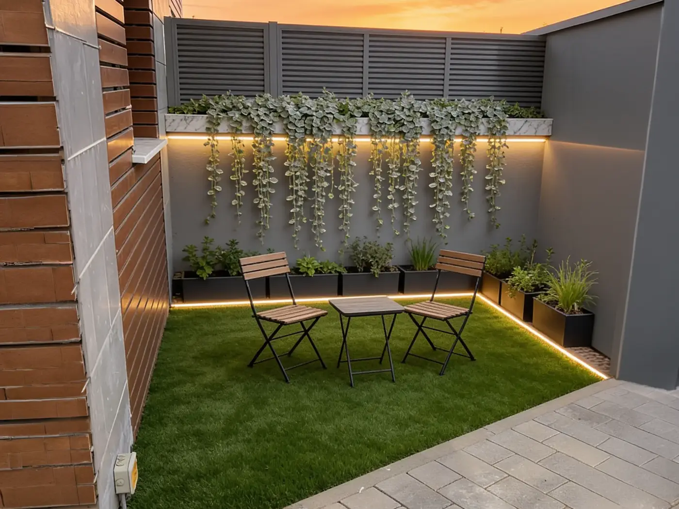 AI garden design visualisation with lawn, planting, privacy screening and outdoor seating