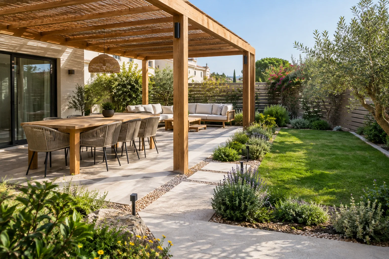 Garden upgrades that add value: shaded modern garden in Southern Israel with a pergola and planting beds
