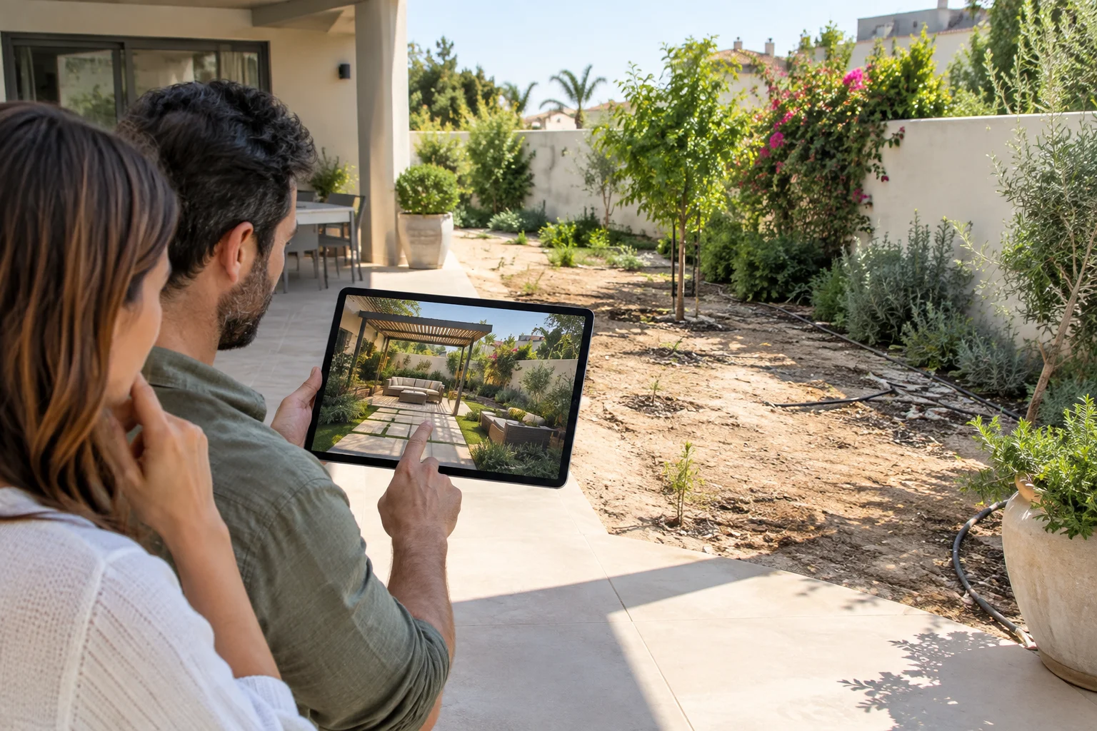 Homeowner viewing an AI garden visualisation beside a real Southern Israel garden renovation site