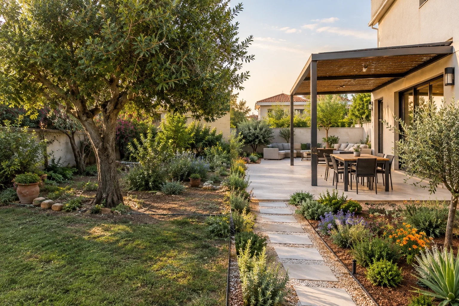 Home garden in Southern Israel showing an older planted area beside a newly designed patio, shade structure and planting beds