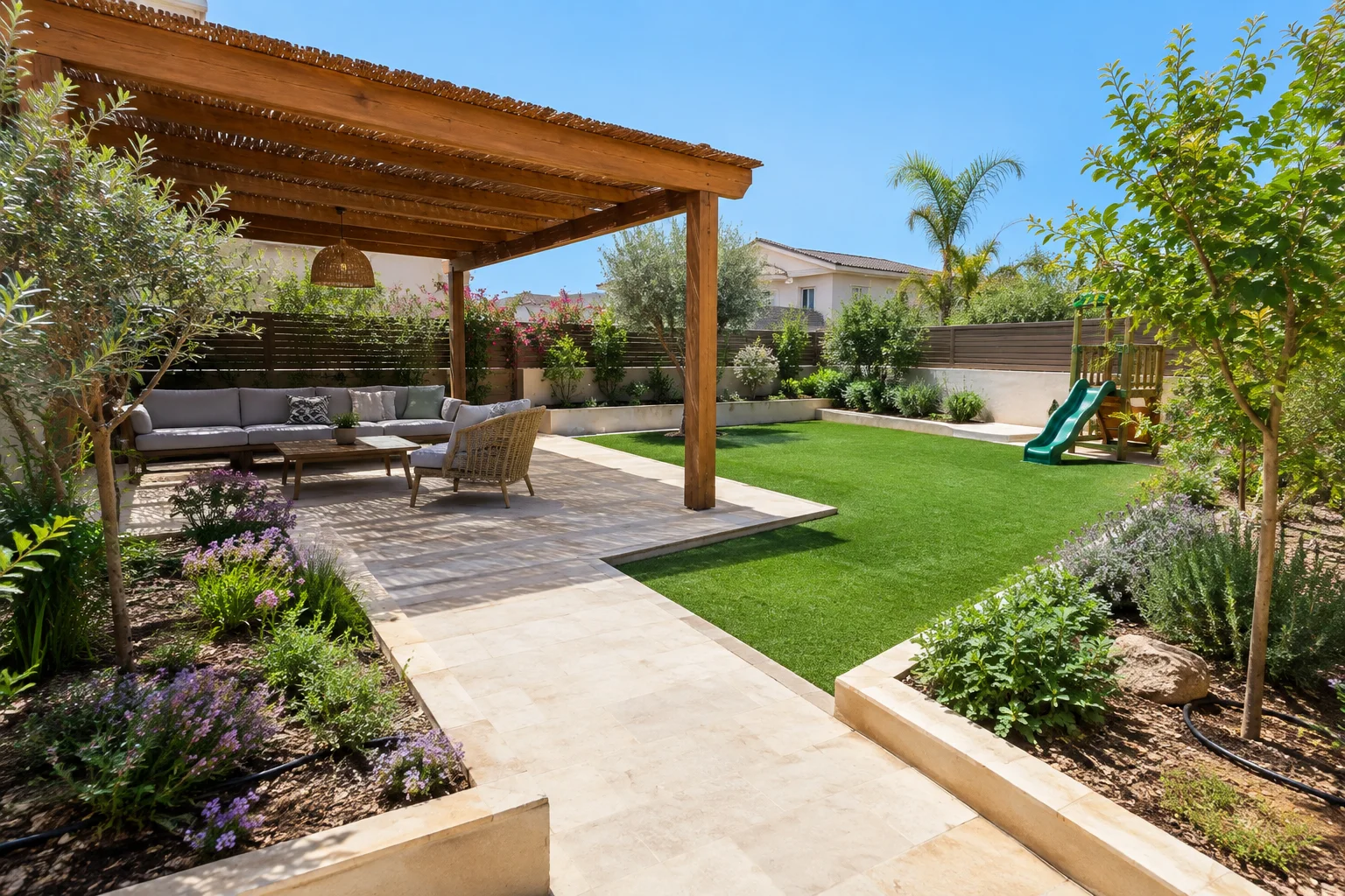 Garden renovation cost in Kiryat Gat: modern family garden with shaded patio, planting beds, synthetic grass and paving
