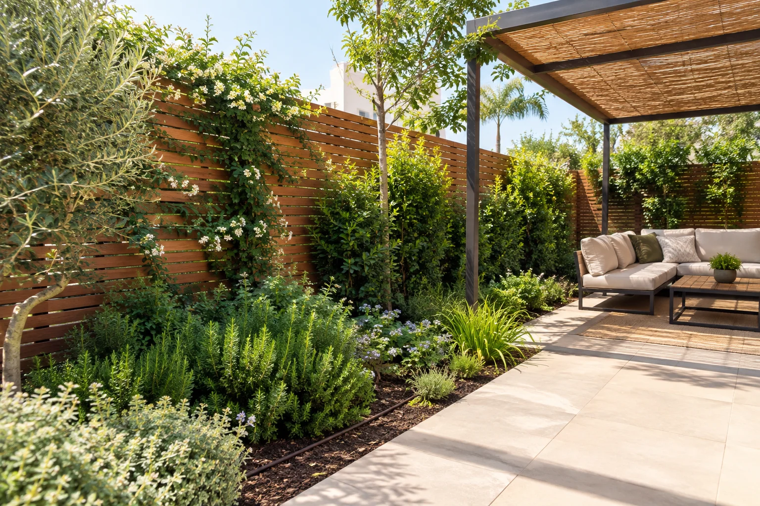 Private sunny Southern Israel garden with timber slatted screens, layered planting and a shaded seating area