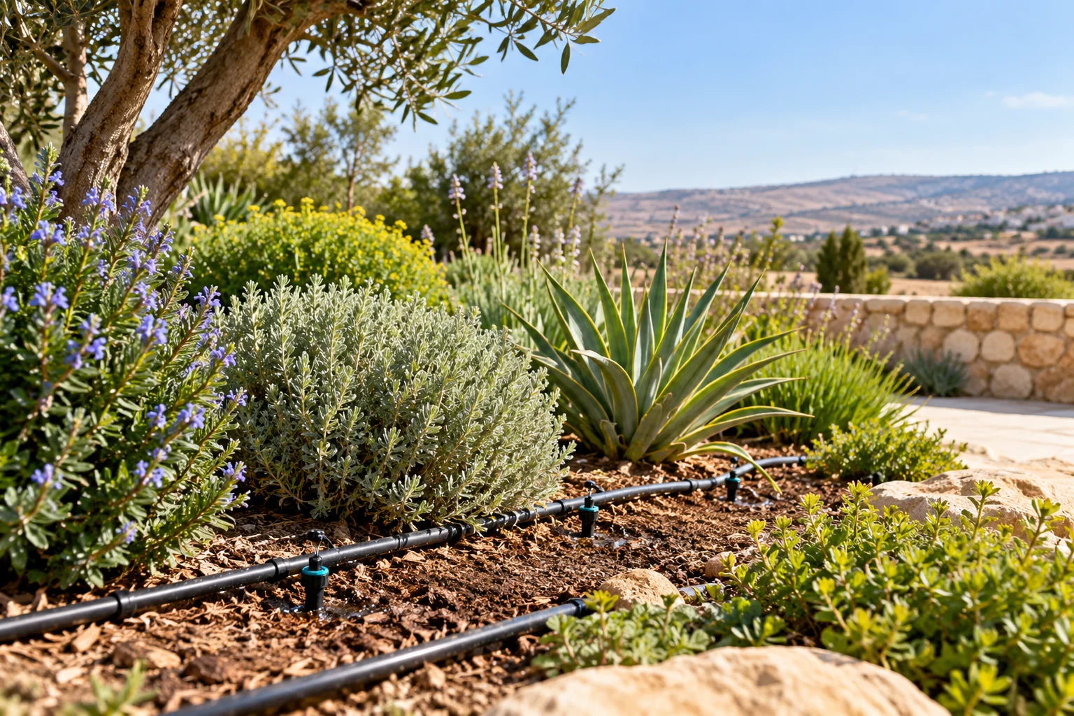 Drip irrigation system reducing water waste in a drought-tolerant garden in Southern Israel