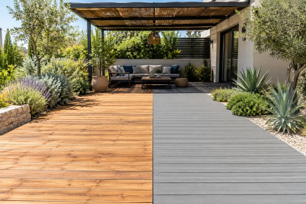Wood and composite decking beside a sunny modern garden seating area in Southern Israel