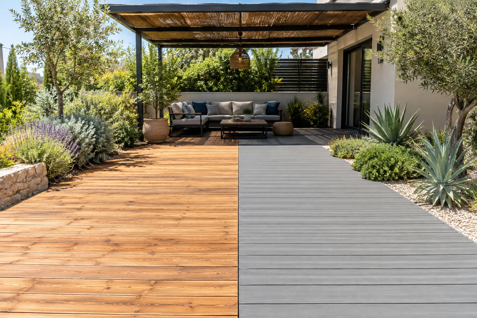 Wood and composite decking beside a sunny modern garden seating area in Southern Israel